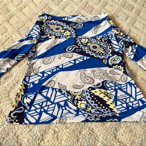 NWOT Designer DENISE HAJJAR Blue/Yellow Boatneck Stretch Top, size SMALL - Picture 2 of 3